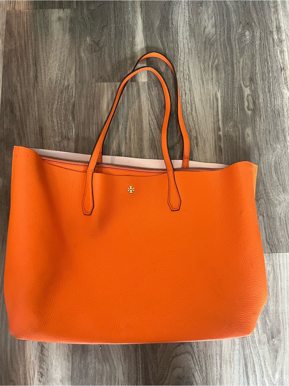Tory Burch Bright Orange Pebbled Leather Tote